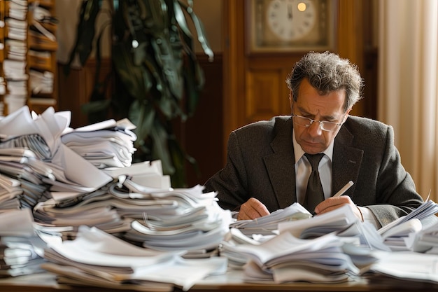 Un homme assis à un bureau avec beaucoup de papiers