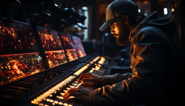 Un homme assis à un bureau de mixage travaillant sur une production audio Un homme assis devant un bureau de mixage