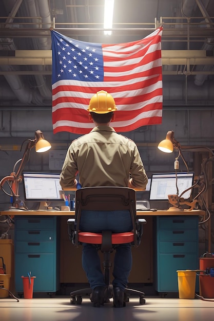 Un homme assis à un bureau avec un ordinateur et un drapeau américain