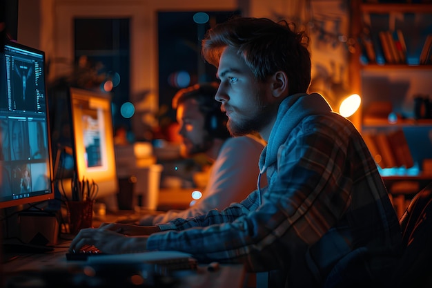 Un homme assis à un bureau d'ordinateur avec un moniteur et un clavier devant lui et un écran d'ordinateurs