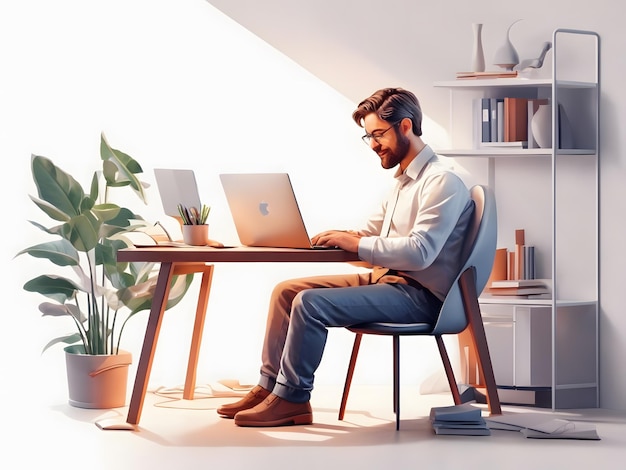 Un homme assis à un bureau avec un ordinateur portable