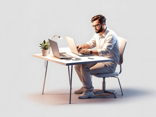 Un homme assis à un bureau avec un ordinateur portable