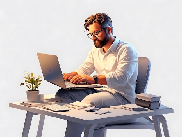 Un homme assis à un bureau avec un ordinateur portable