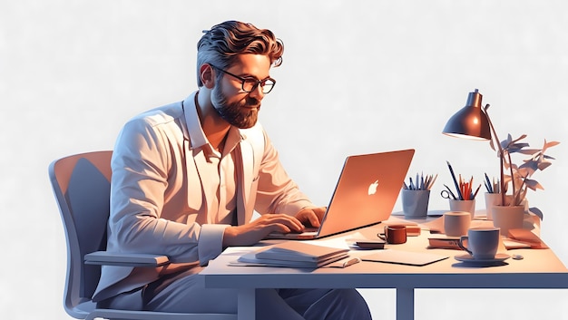 Un homme assis à un bureau avec un ordinateur portable