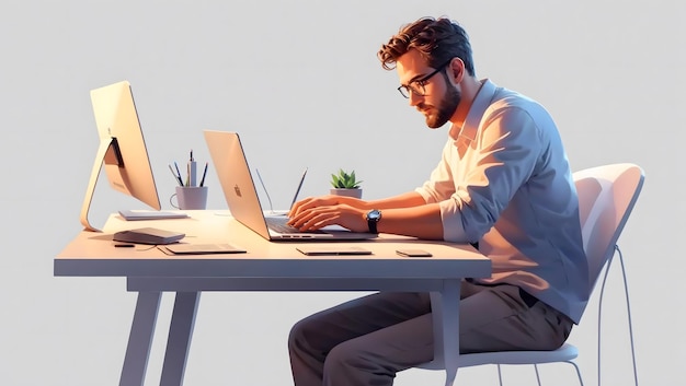 Un homme assis à un bureau avec un ordinateur portable