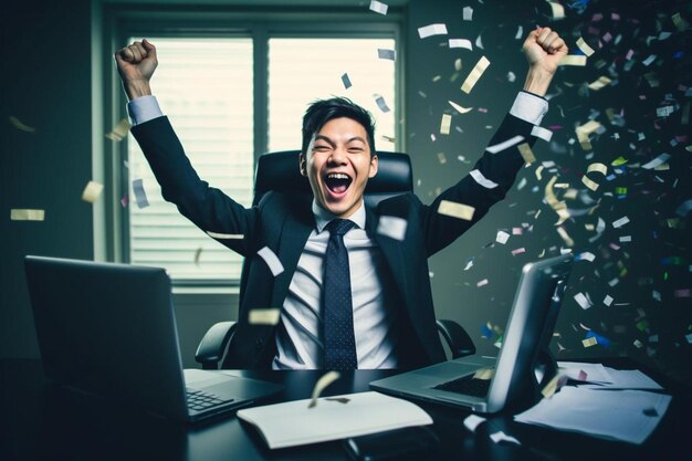 un homme assis à un bureau avec ses bras en l'air