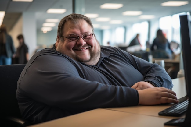 un homme assis à un bureau avec un sourire sur son visage