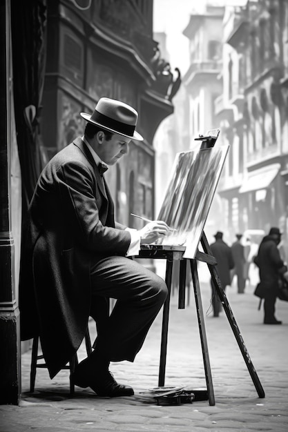 Un homme assis sur une chaise devant un chevalet de peinture