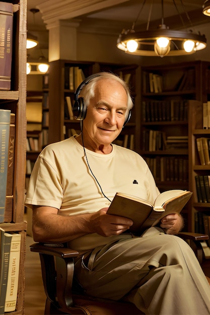 un homme assis sur une chaise lisant un livre dans une bibliothèque avec des écouteurs sur la tête et une bibliothèque pleine