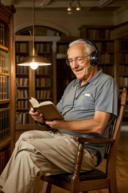 un homme assis sur une chaise lisant un livre dans une bibliothèque avec des écouteurs sur la tête et une bibliothèque en t