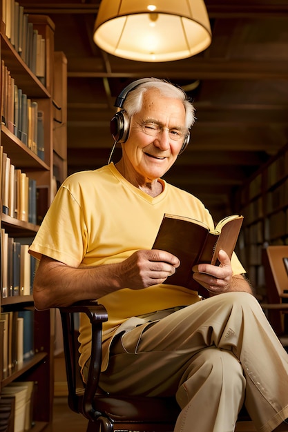 un homme assis sur une chaise lisant un livre dans une bibliothèque avec des écouteurs sur la tête et une lampe au-dessus de salut