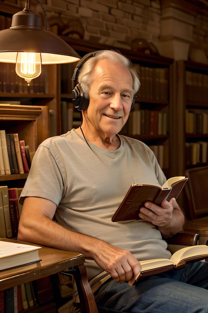 un homme assis sur une chaise lisant un livre dans une bibliothèque avec une lampe sur le côté de la table et un livre
