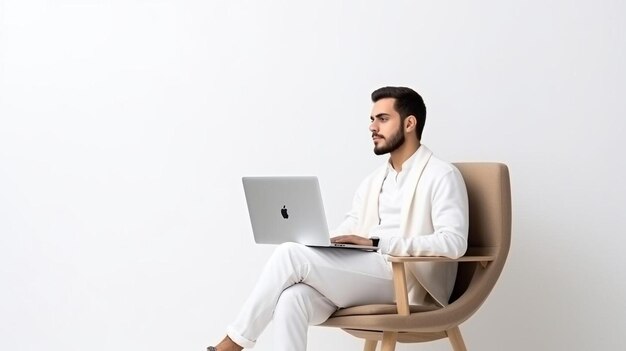 un homme assis sur une chaise avec un ordinateur portable