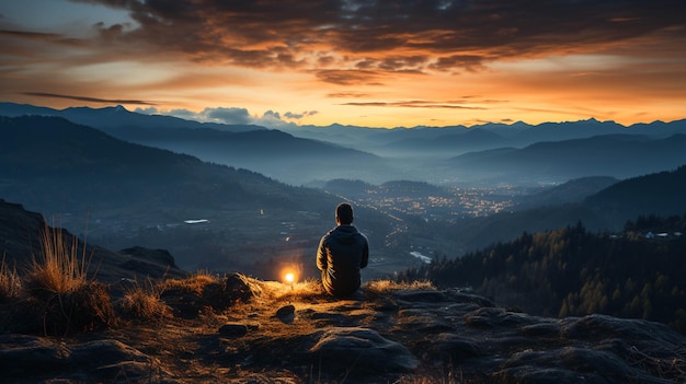 Un homme assis sur une colline et appréciant le coucher de soleil