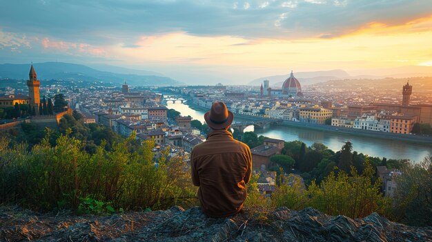 Un homme assis sur une colline surplombant la ville