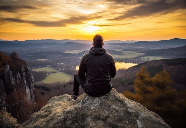 Un homme assis sur une colline avec vue sur une vallée.