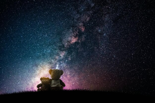 L'homme assis contre le champ d'étoiles la nuit