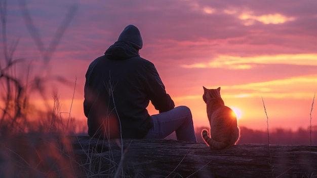 Un homme assis à côté de son chat au coucher du soleil