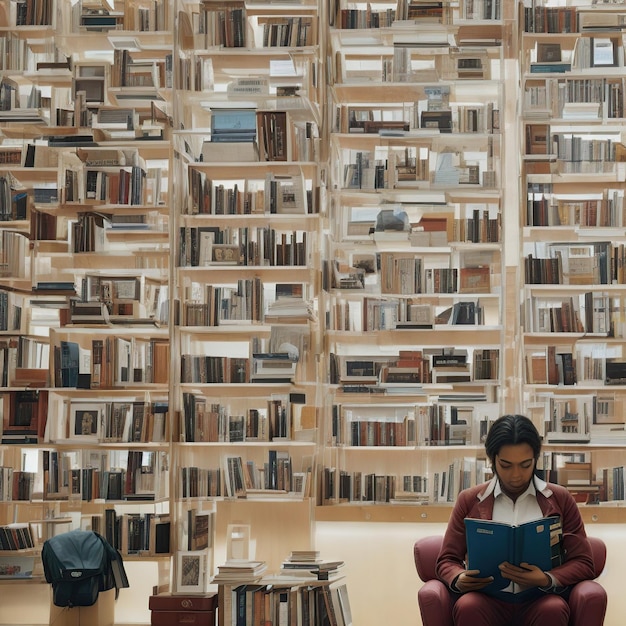 Photo homme assis dans une bibliothèque en lisant un livre