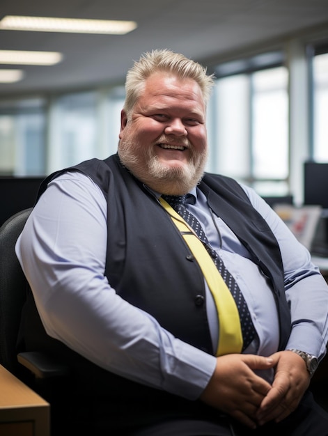 un homme assis dans un bureau avec un sourire sur son visage