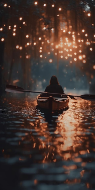 Un homme assis dans un canot dans la rivière glitter image generative AI