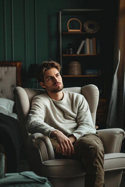 Photo un homme assis dans une chaise dans une pièce