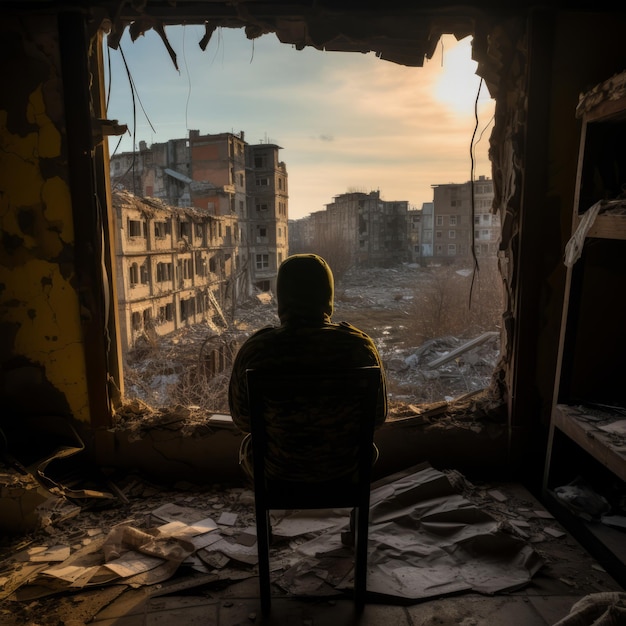 Un homme assis dans une chaise en peluche jaune vu de l'arrière dans un bâtiment de cinq étages avec une fenêtre brisée causée par un missile militaire