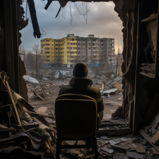 Un homme assis dans une chaise en peluche jaune vu de l'arrière dans un bâtiment de cinq étages avec une fenêtre brisée causée par un missile militaire