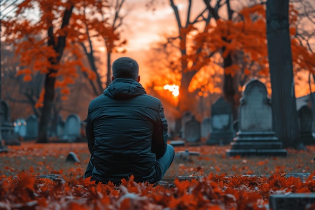 Un homme assis dans un cimetière au coucher du soleil avec des feuilles sur le sol