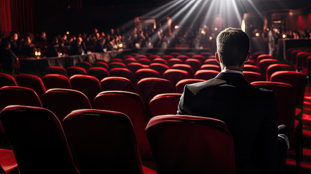 un homme assis dans un théâtre avec une chaise rouge en arrière-plan.