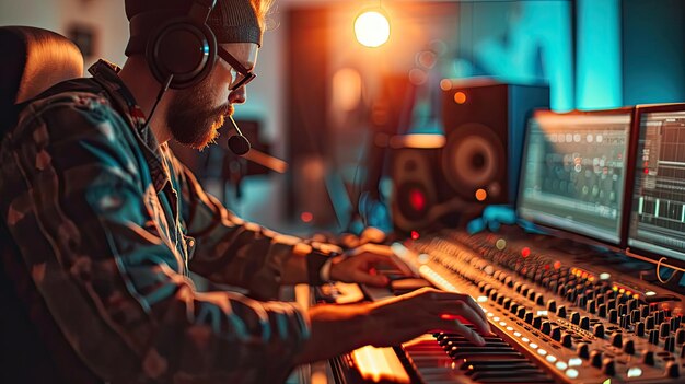 Homme assis devant le bureau de mixage contrôlant l'équipement audio