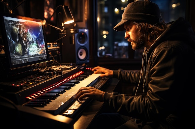 Un homme assis devant un clavier dans un studio d'enregistrement