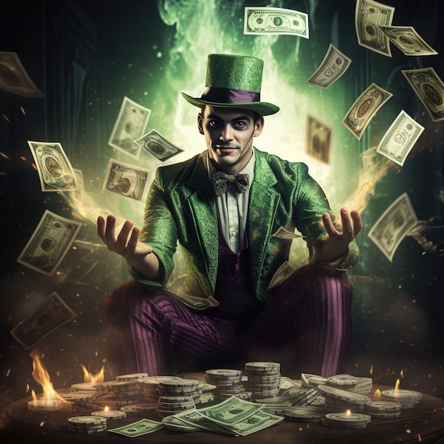 un homme assis devant une pile d’argent avec un chapeau vert.