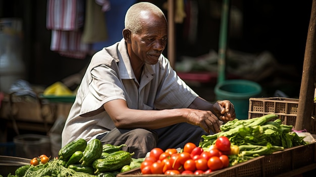 Un homme assis devant une pile de légumes