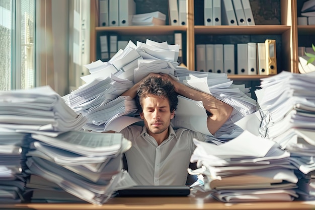 Un homme assis devant une pile de papiers