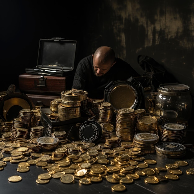 Un homme assis devant une pile de pièces d'or