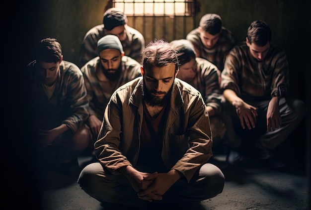 un homme assis avec un groupe d'hommes en prison privés de drogues
