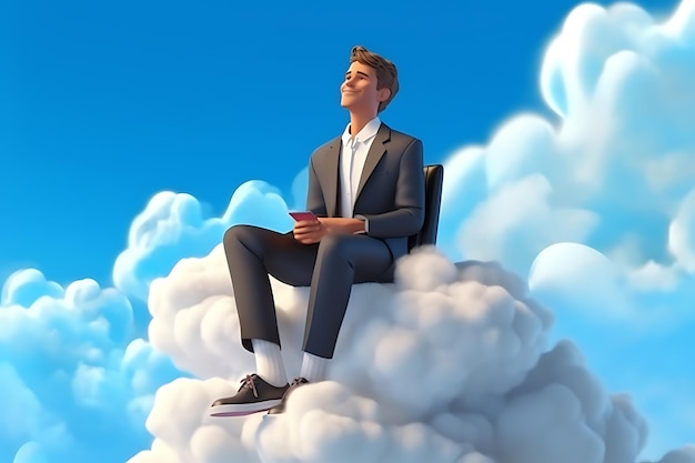 Un homme assis sur un nuage avec les jambes croisées et les pieds croisés.