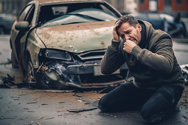 Homme assis par terre à côté d’une voiture accidentée Generative AI