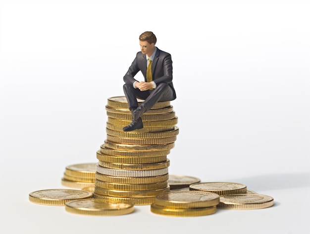 Un homme assis sur une pile de pièces