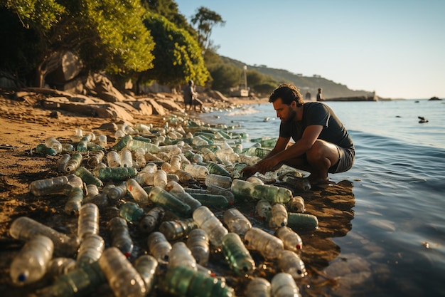 Un homme assis sur une plage collecte des bouteilles en plastique Déchets plastiques dans la mer