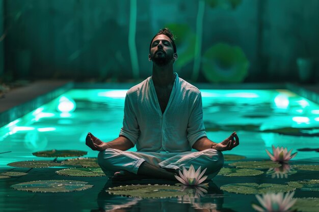 Un homme assis en position de lotus devant une piscine