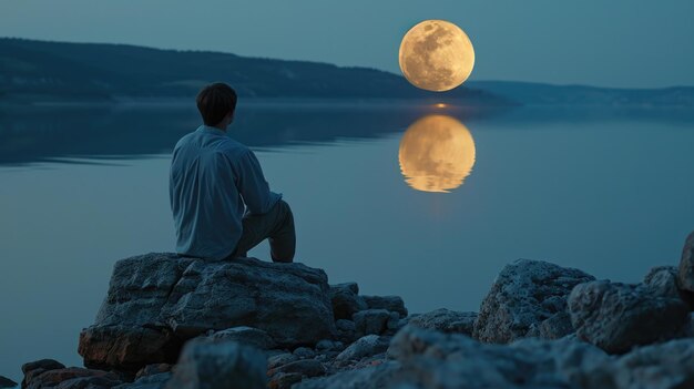 Un homme assis sur un rivage rocheux admirant la pleine lune.