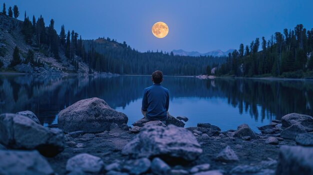 Un homme assis sur un rivage rocheux admirant la pleine lune.