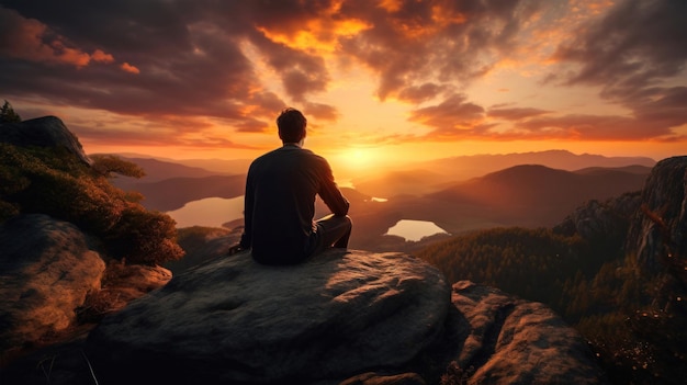 Un homme assis sur un rocher au sommet d'une montagne regardant le coucher de soleil