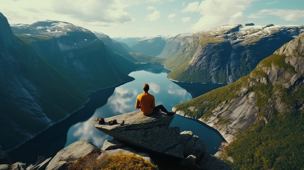 Un homme assis seul sur le bord d'une falaise profitant d'une vue aérienne, d'un mode de vie, d'une aventure de voyage en plein air.