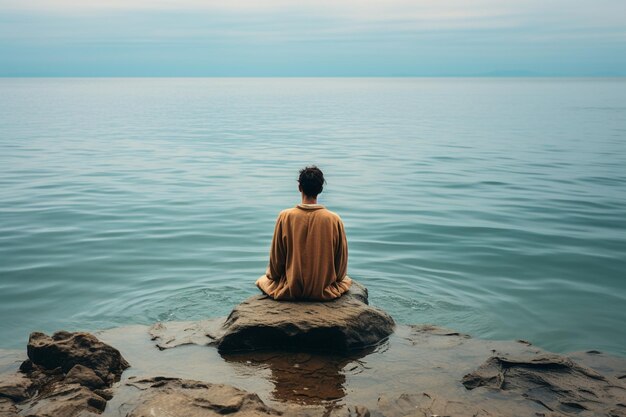 Un homme assis seul sur le rivage de l'océan.