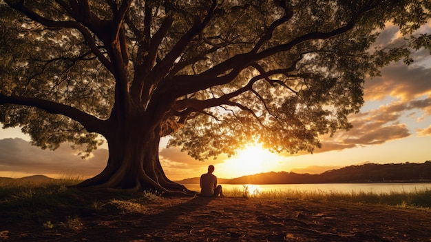 Un homme assis seul sous un arbre Photographie