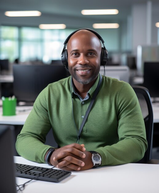 Un homme assis à son bureau avec des écouteurs.