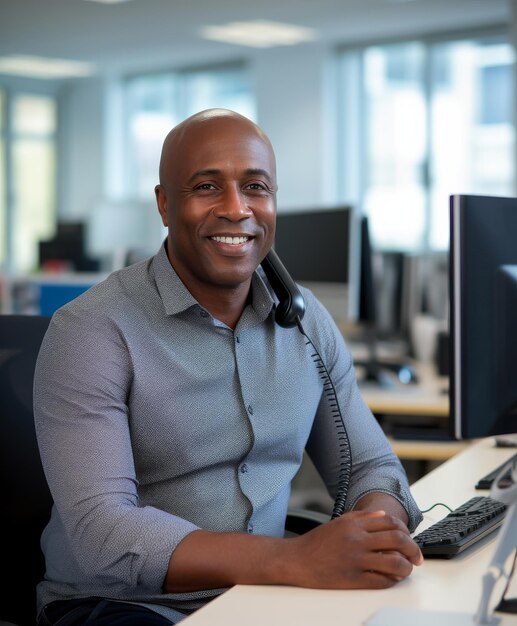 Un homme assis à son bureau avec son téléphone à l'oreille